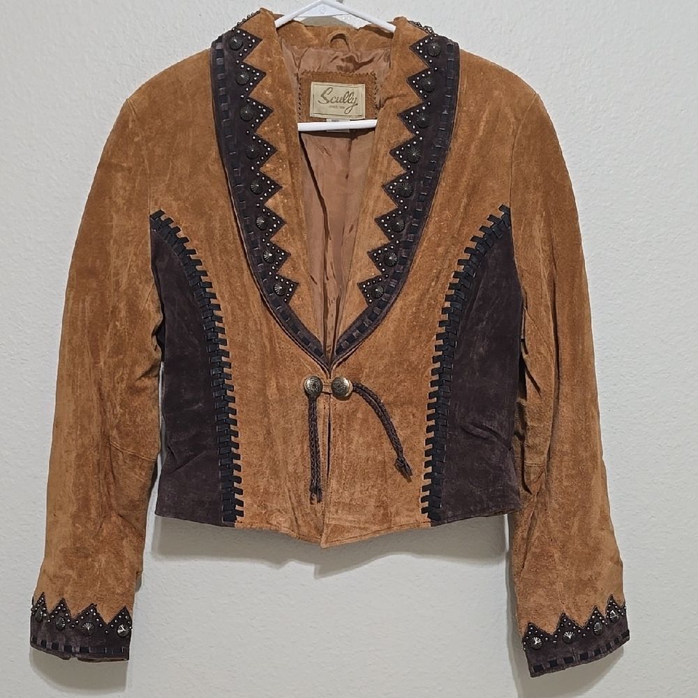 Scully Brown and Tan Suede jacket with Wide Collar and Decorative Trim large